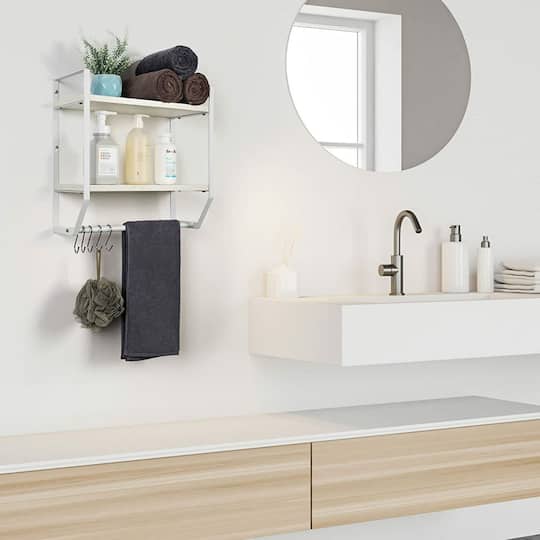 2-Layer Wall Mounted Rustic Shelves with Iron Towel Bar